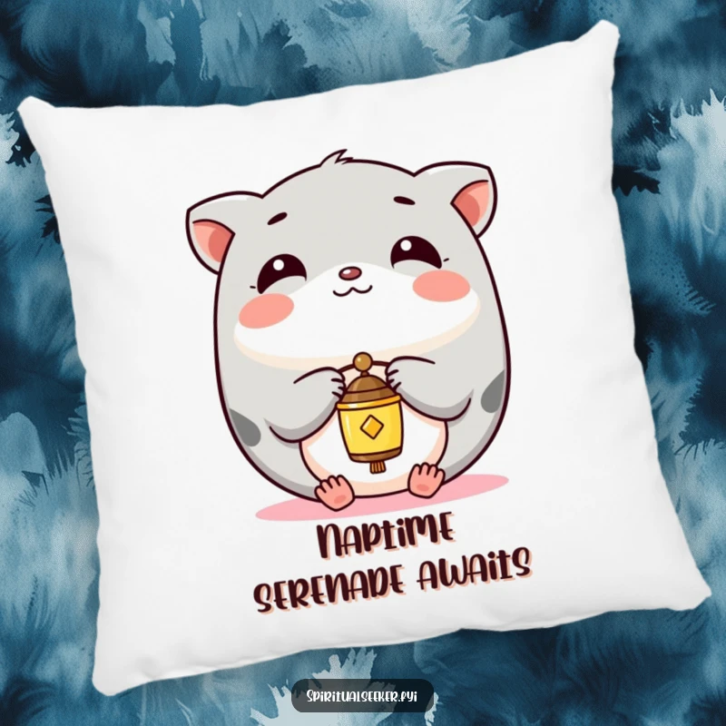 Funny Pillow designed with a serene Kawaii animal balancing a tiny chime, offering plush comfort and a sense of peace.