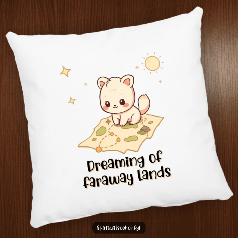 Funny Kawaii animal pillow featuring a cute character tracing a path on a mystical map, offering soft comfort and adventure.