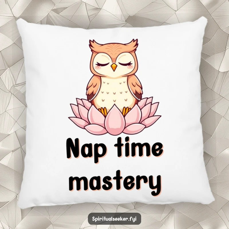Funny Pillow: A cute kawaii owl meditating on a lotus, providing comfort and a peaceful ambiance.
