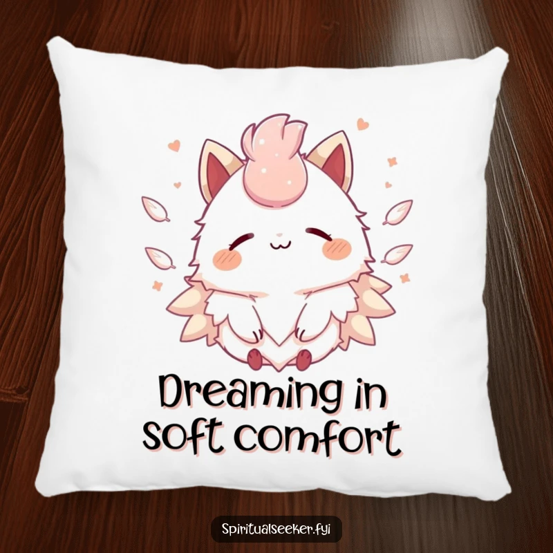 Funny Kawaii creature pillow featuring a peaceful smile and soft, floating feathers, offering ultimate comfort and tranquility.