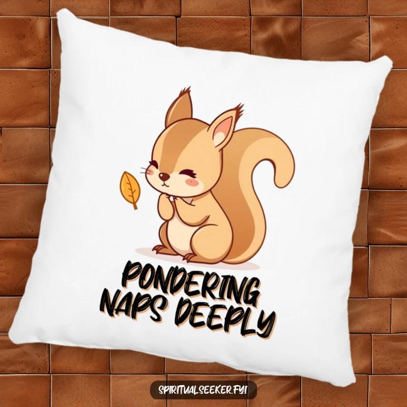 Funny decorative pillow with a kawaii squirrel in deep thought about a falling leaf, offering soft comfort and a serene autumnal theme.