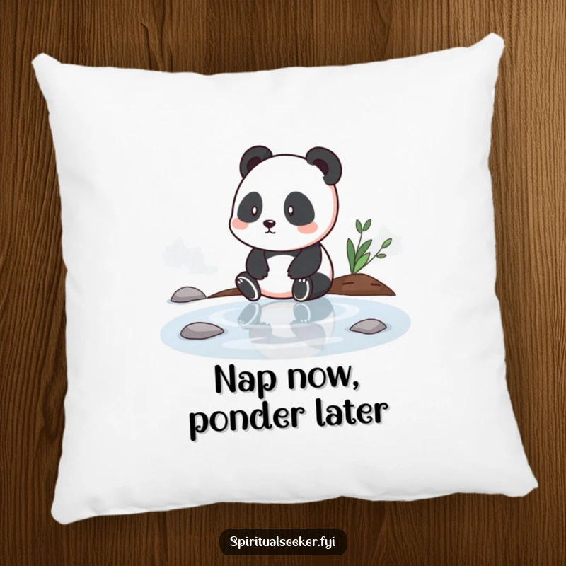 Funny decorative pillow with a contemplative panda by tranquil water, offering cozy comfort and a touch of peaceful humor, a perfect funny gift.