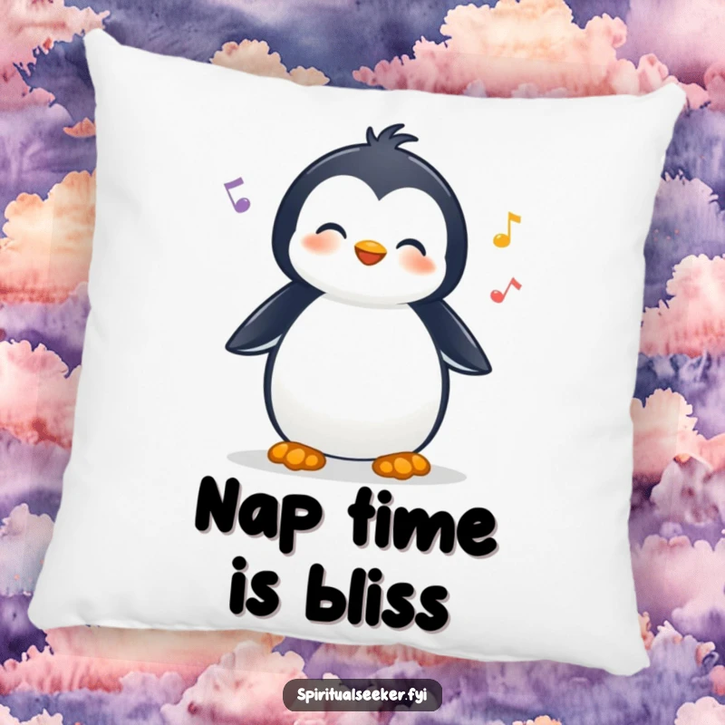 Funny pillow with a cheerful penguin character peacefully listening to nature sounds, offering cozy comfort and a humorous natural accent.
