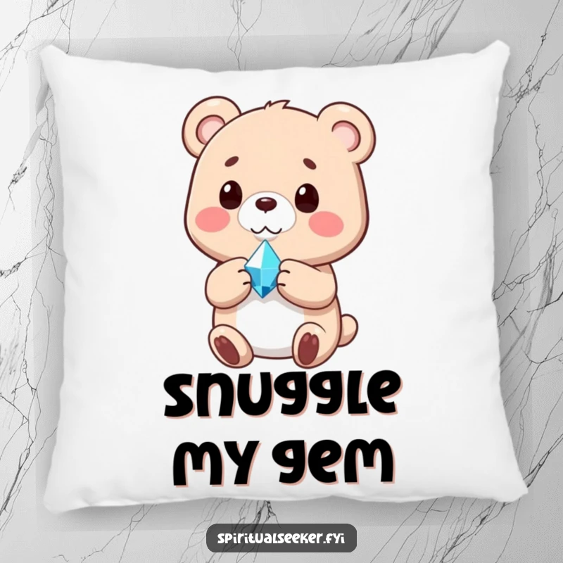 Funny pillow with a serene bear holding a glowing crystal, offering comfort and a touch of peaceful magic.