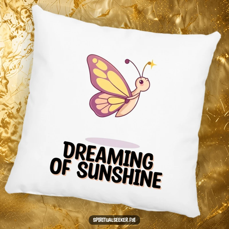 Funny pillow with a dancing butterfly character admiring a beam of light, offering cozy comfort and a humorous whimsical accent.