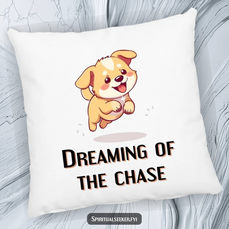 Funny plush pillow featuring a playful dog chasing a shimmering ethereal light, offering cozy happiness.