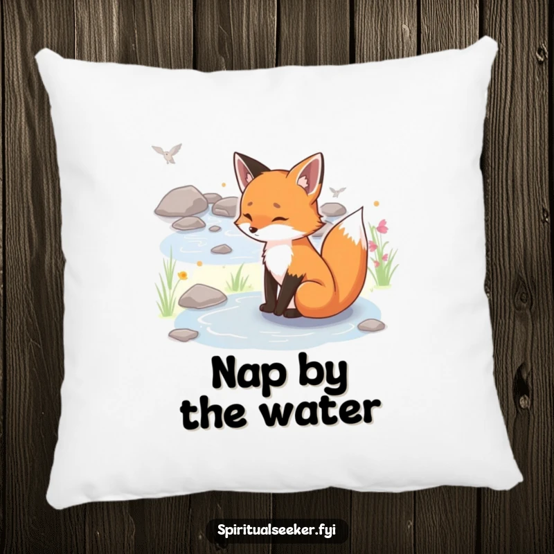 Funny serene fox pillow, a soft cushion featuring a peaceful fox by a stream, offering comfort and gentle humor.