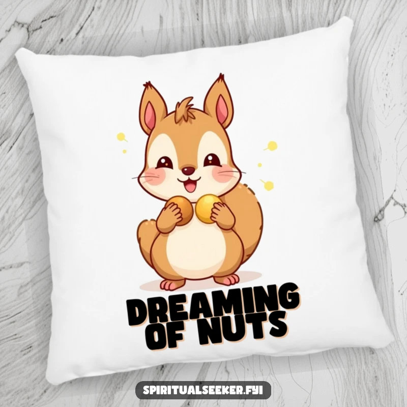 Funny pillow decorated with a happy squirrel giving glowing nuts to friends, creating a sense of warmth and togetherness.