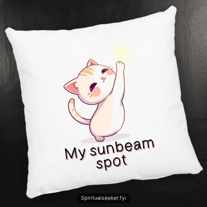 Funny cat pillow depicting a serene character stretching gracefully towards a soft, inviting beam of light.