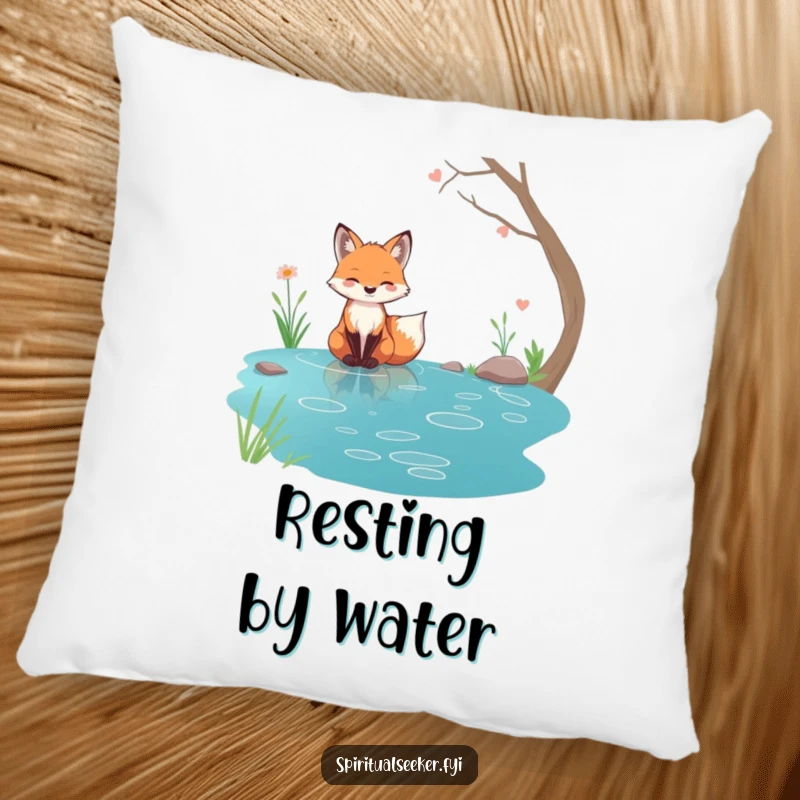 Funny tranquil fox pillow, sitting by a serene stream, providing comfort and a connection to nature.