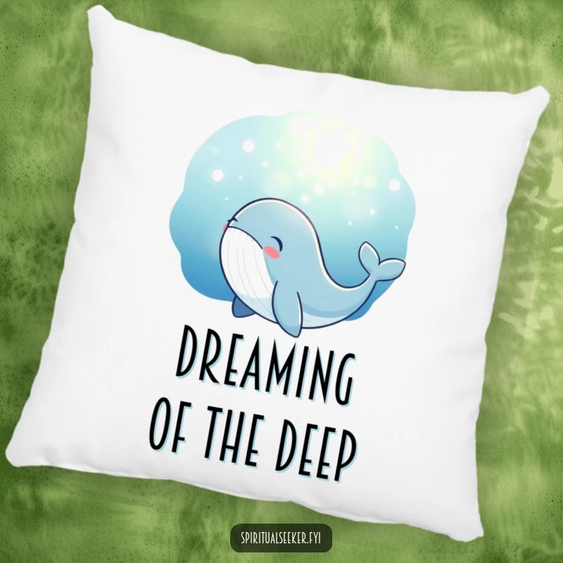 Funny whale pillow with a thoughtful whale gazing upwards at a soft, magical underwater glow. Comfortable and charming.