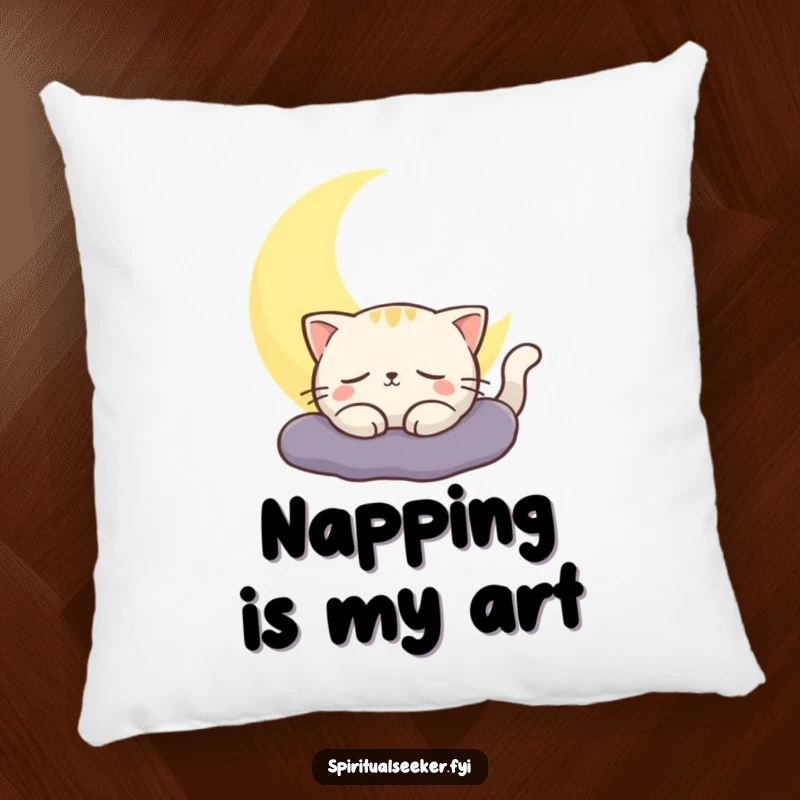 Funny cat pillow with a contented cat enjoying the serene glow of a crescent moon. Soft and decorative.