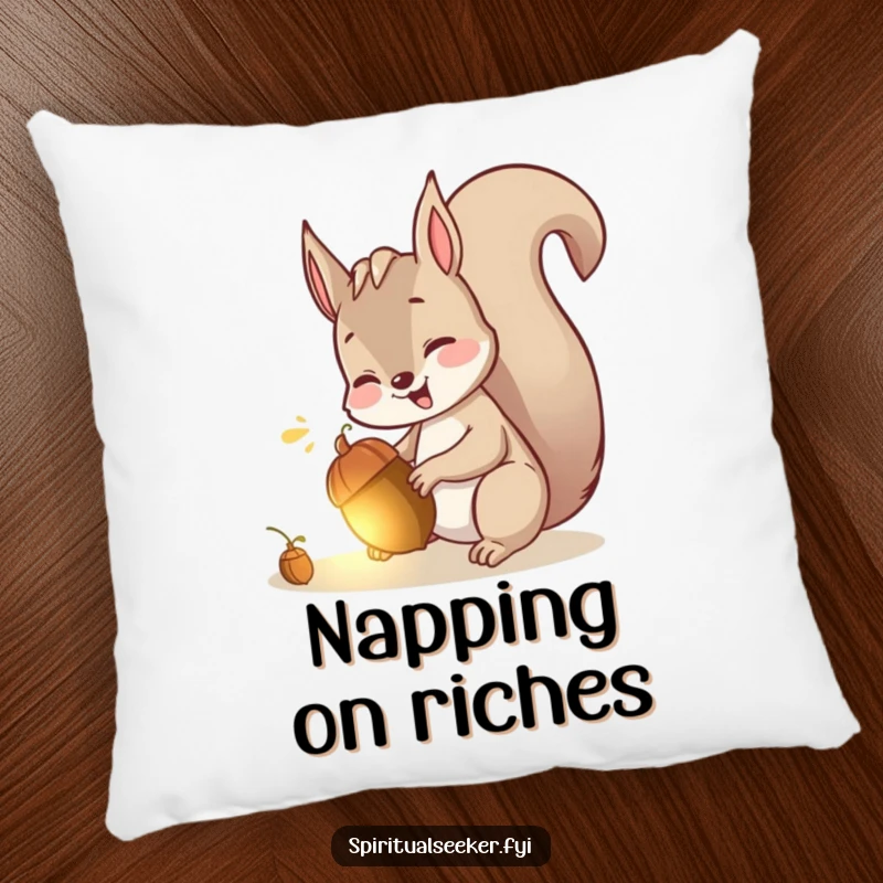 Funny pillow with a giggling squirrel discovering a glowing acorn, offering comfort and a touch of playful delight.