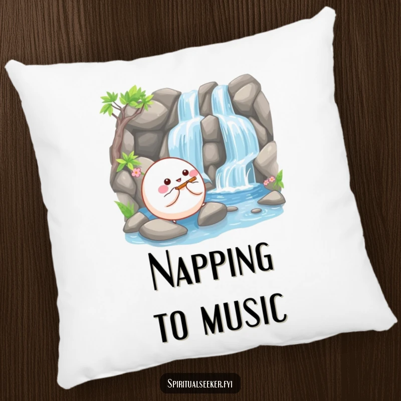 Funny pillow with a happy, bouncy ball creature playing a tiny flute beside a serene waterfall, adding cozy serenity.