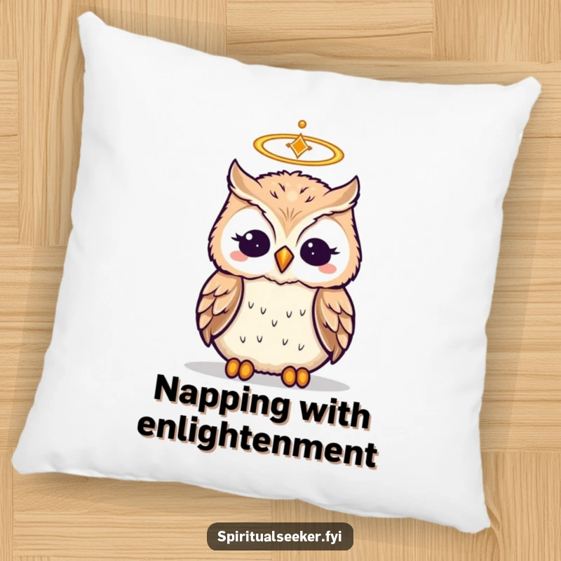 Funny plush pillow featuring a wise owl with a halo meditating, offering comfort and humorous zen.