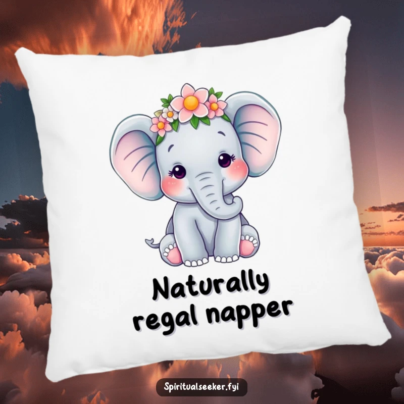Funny decorative pillow featuring a serene elephant with a flower crown, offering comfort and a touch of whimsical art, perfect funny gift.
