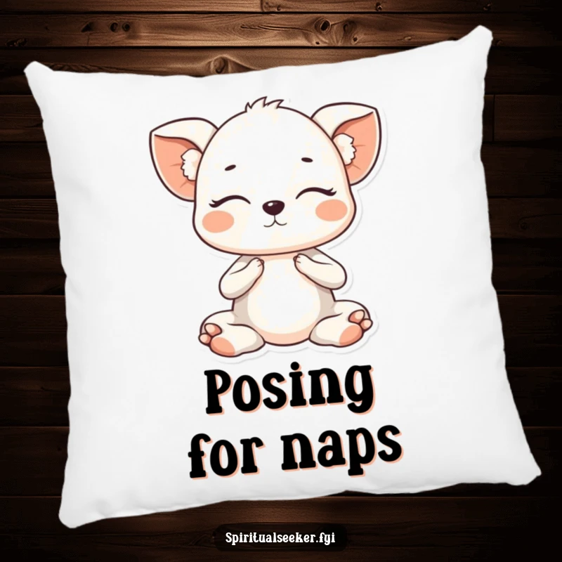 Funny Kawaii animal in a gentle yoga pose with eyes closed, featured on a plush pillow for ultimate comfort and serene humor.