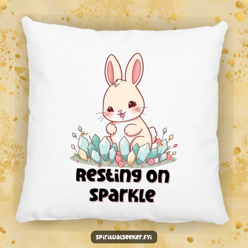 Funny plush pillow featuring a happy rabbit tending a garden of tiny crystals, offering cozy enchantment.