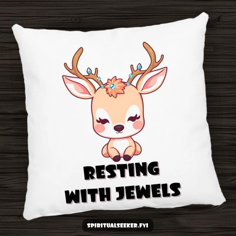 Funny Pillow: A cute kawaii deer with crystal antlers gazing peacefully, providing comfort and a serene ambiance.