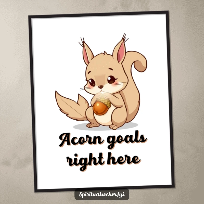 Funny squirrel digital art print of a curious squirrel gazing at a luminous, magical acorn. Enchanting artwork.