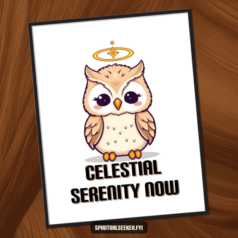 Funny digital art print of a wise owl meditating with a halo, ideal for humorous, serene decoration.
