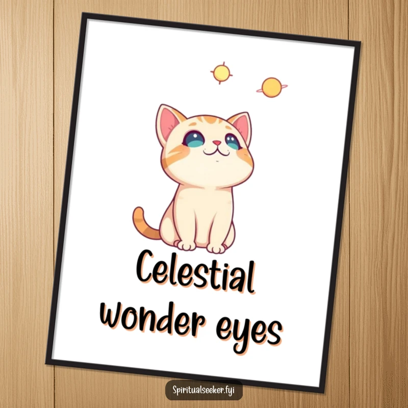 Funny curious cat digital art print, a downloadable image of a cat gazing at the stars, perfect for whimsical and humorous decor.