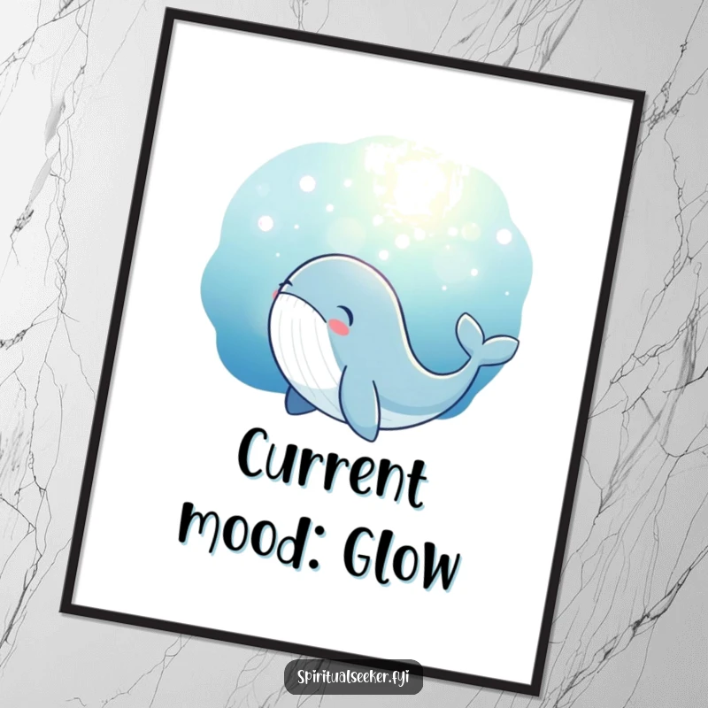 Funny whale digital art print of a thoughtful whale gazing at a beautiful, magical underwater glow. High-quality artwork.