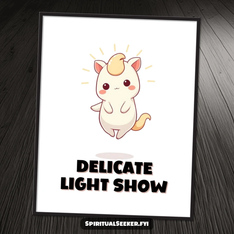 Funny Digital Art Print of a magical Kawaii creature balancing and radiating gentle light, perfect for whimsical decor.