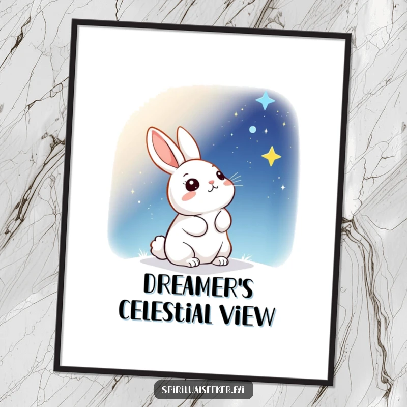 Funny Digital Art Print: A kawaii rabbit gazing upwards in wonder at a brilliant, star-filled sky.