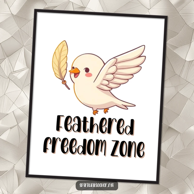 Funny bird digital art print of a joyful bird soaring with a shimmering feather, offering instant humorous decor.