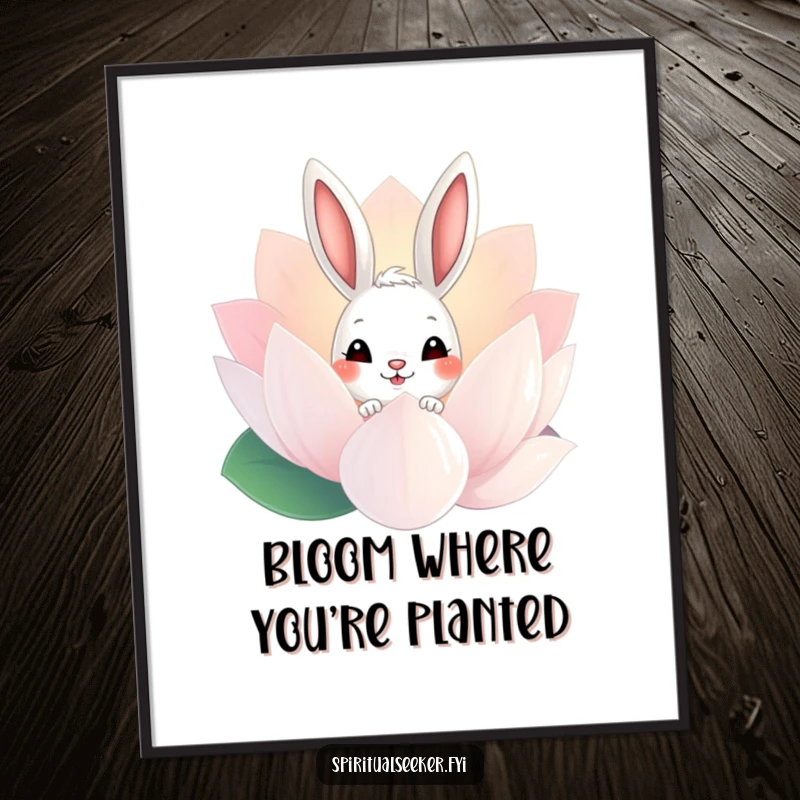 Funny Bunny Digital Art Print: A curious rabbit peeking from a lotus, bringing gentle humor and charm to wall decor.