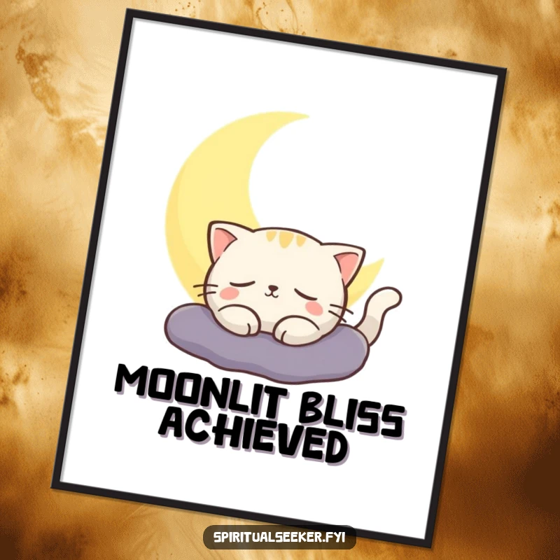 Funny cat digital art print of a contented cat basking in the serene glow of a crescent moon. Artistic and calm.