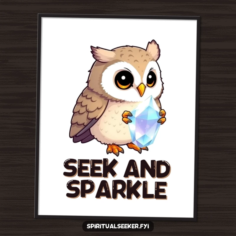 Funny curious owl digital art print, showing an owl intently studying a brightly shining crystal. Perfect for whimsical and mysterious wall art.