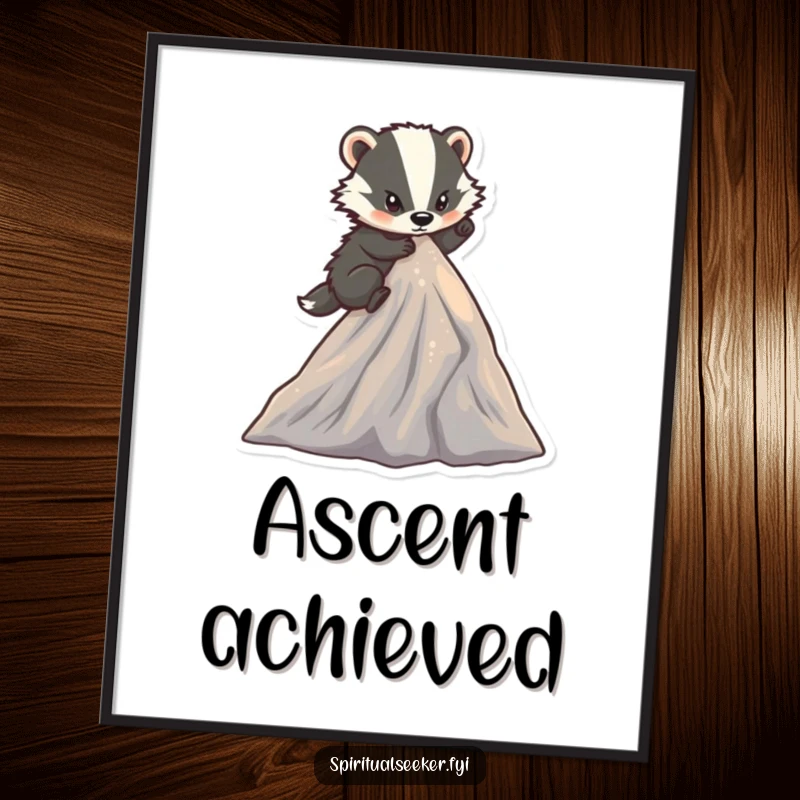 Funny determined badger digital art print of a character climbing a small, sparkling mountain peak, ideal for motivational and humorous decor.