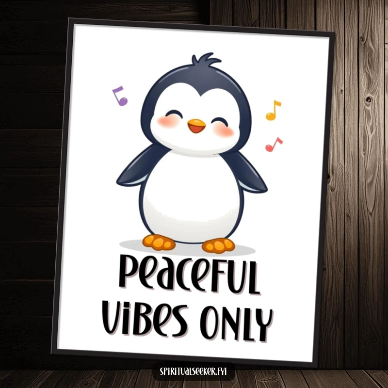 Funny digital art print of a cheerful penguin character listening to nature sounds, offering instant natural humor and a unique gift.