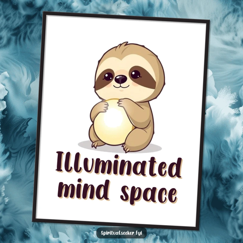 Funny digital art print of a deeply contemplative sloth looking at a radiant, glowing orb, evoking mystery.