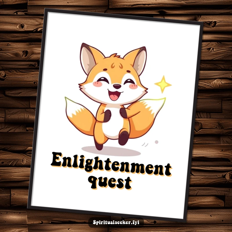 Funny digital art print of a playful fox joyfully pursuing a bright spiritual symbol, a humorous and uplifting visual.
