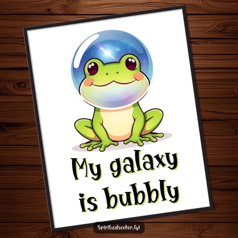 Funny frog galaxy digital art print featuring a happy amphibian blowing a bubble reflecting a miniature universe, radiating cosmic and whimsical humor.