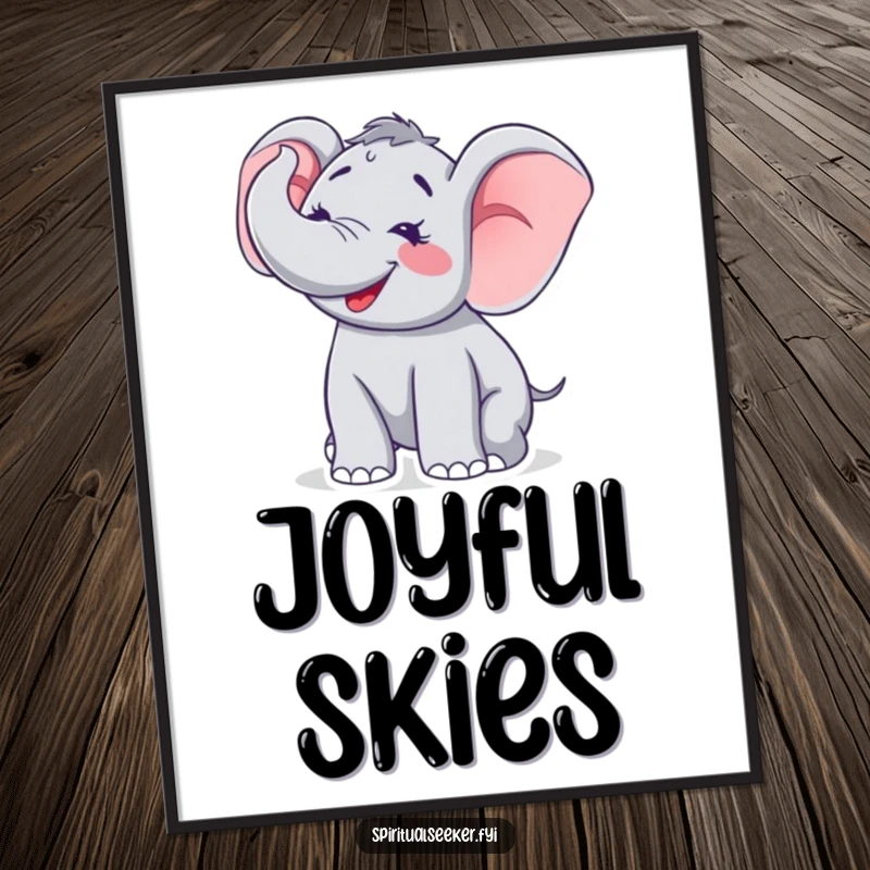 Funny digital art print of a jubilant elephant trumpeting towards the sky, capturing an essence of pure, unadulterated happiness.