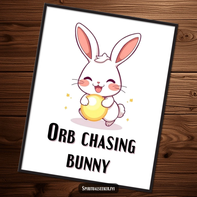 Funny joyful rabbit digital art print, a downloadable image of a happy bunny chasing a glowing orb, perfect for energetic and humorous decor.