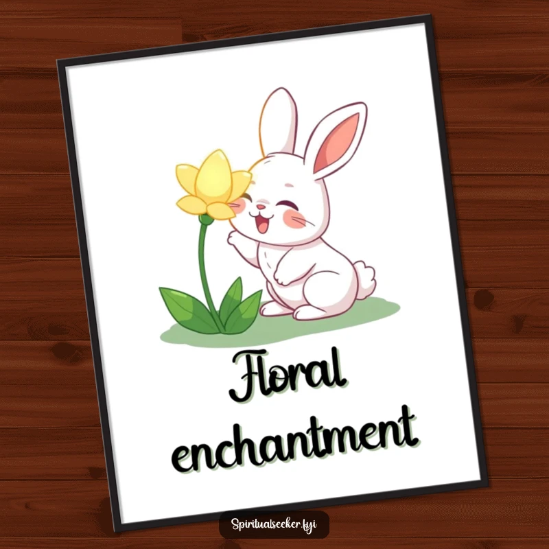 Funny joyful rabbit digital art print, showing a happy rabbit sniffing a luminous flower. Perfect for charming and humorous garden-themed wall art.
