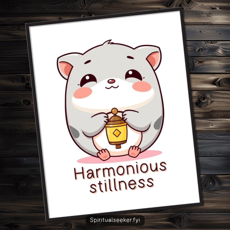 Funny Digital Art Print of a peaceful Kawaii animal balancing a tiny chime, perfect for creating a serene and calming atmosphere.