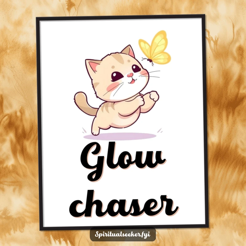 Funny kawaii cat butterfly digital art print, showcasing a playful cat's joyful pursuit of a luminous insect.