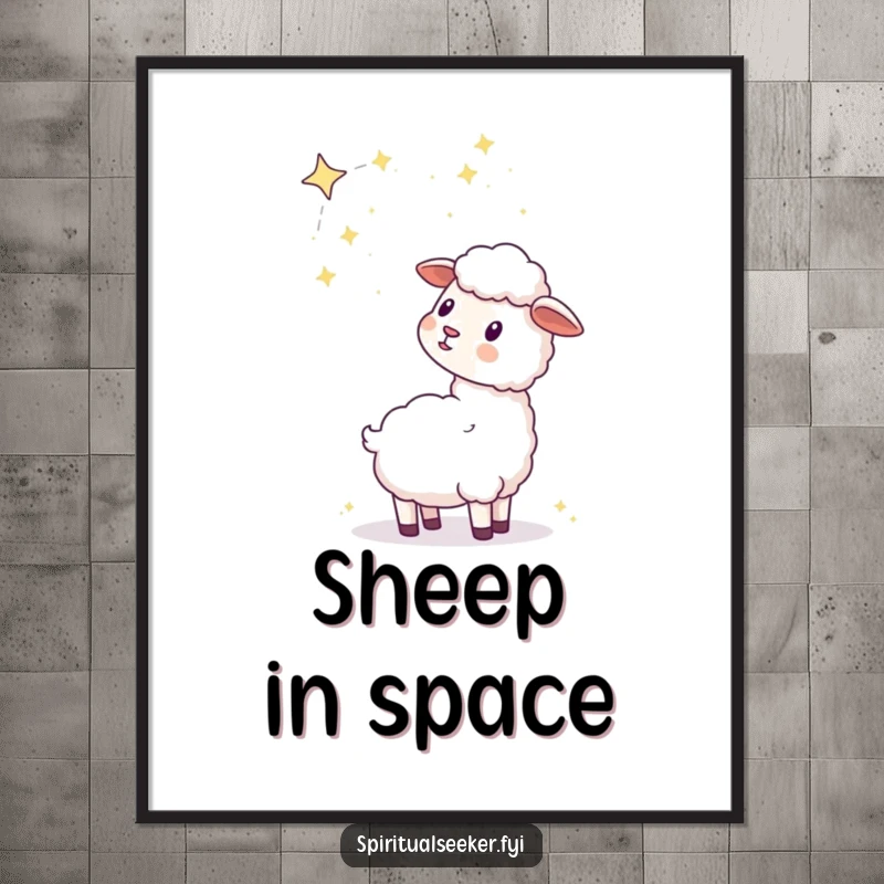 Funny kawaii sheep celestial digital art print, depicting a peaceful sheep gazing up at a beautiful star-filled sky.