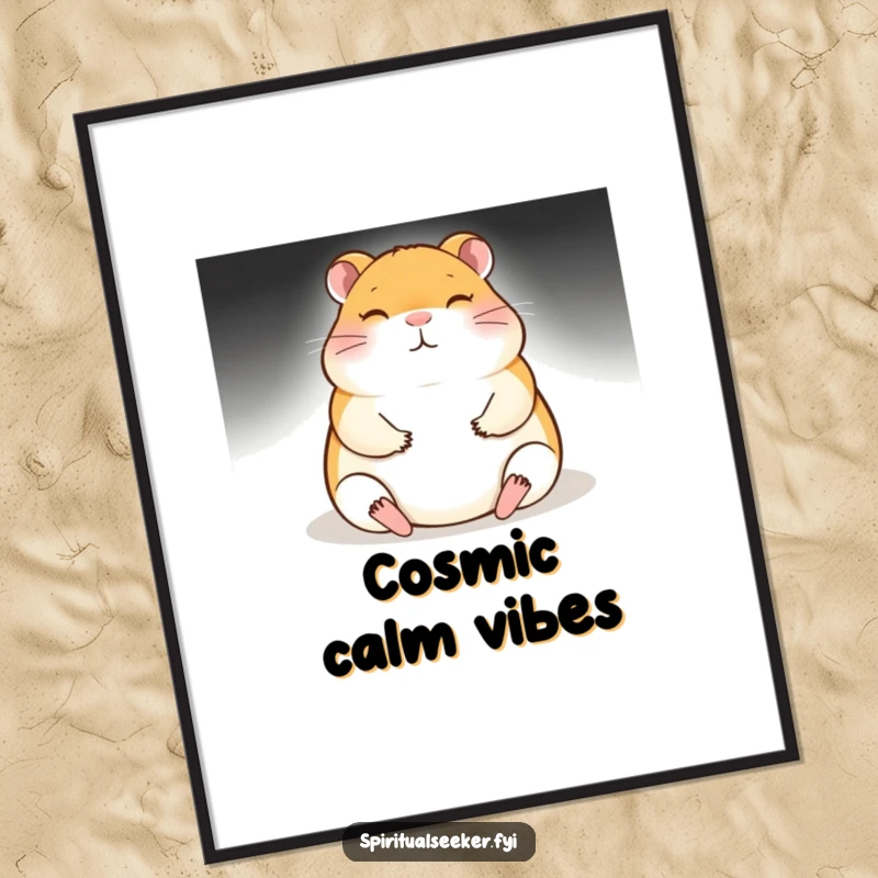 Funny meditating hamster digital art print, featuring a hamster in a tranquil, glowing meditation pose. Perfect for humorous, zen-inspired wall art.