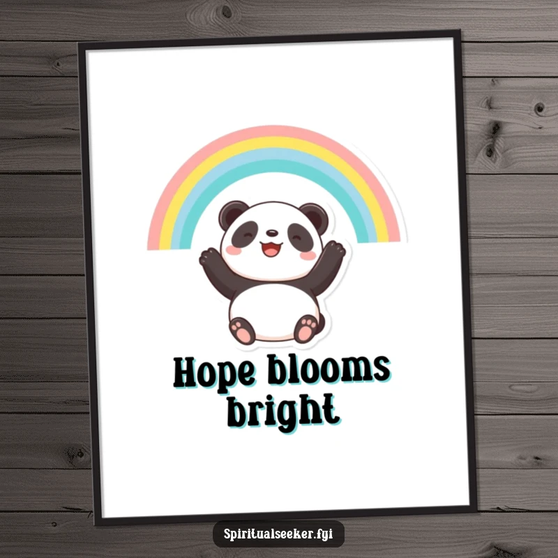 Funny digital art print of a smiling panda gazing at a rainbow, symbolizing hope, peace, and a positive outlook.