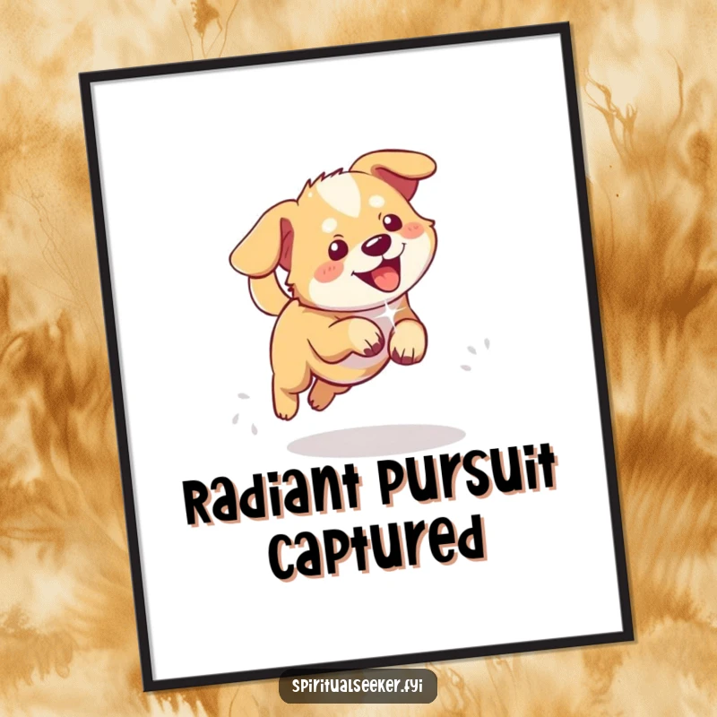 Funny digital art print of a playful dog joyfully chasing a shimmering ethereal light, ideal for happy decor.