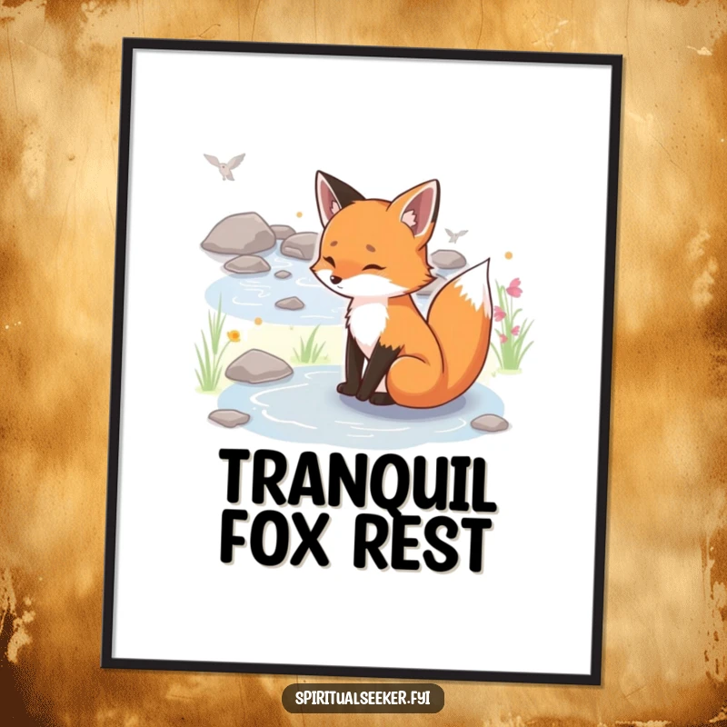 Funny serene fox digital art print, a downloadable image of a peaceful fox by a stream, perfect for calm and humorous decor.