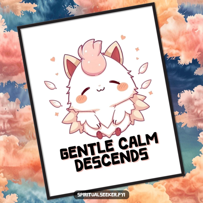 Funny Kawaii creature digital art print of a serene character surrounded by ethereal floating feathers, perfect for calm decor.