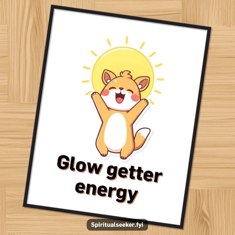 Funny Digital Art Print of a happy Kawaii animal stretching towards a bright sun, perfect for vibrant, cheerful home decor.